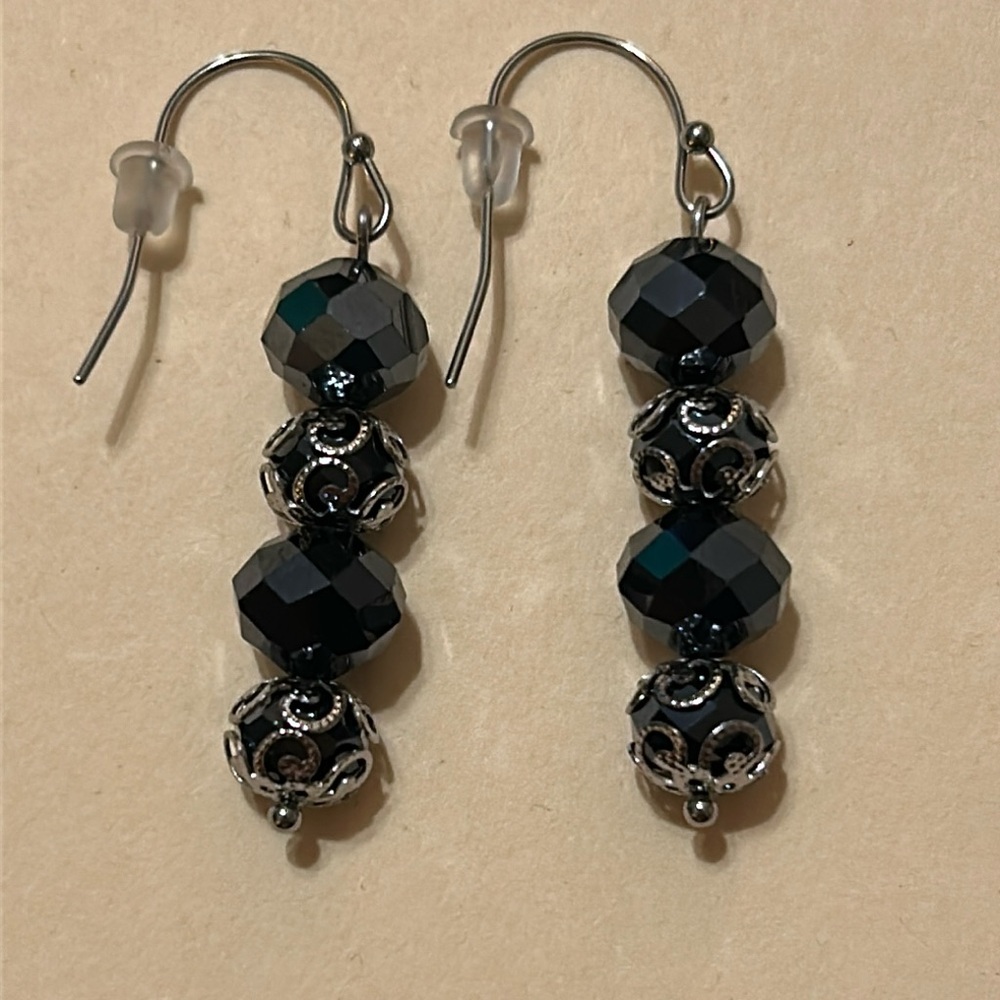 Handmade 🖤 Stainless Steel Black Beaded Rondelle Earrings